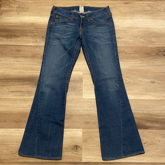 True Religion Jeans Joey Flap Blue Flare Y2K USA Twisted Stitch 30 fits 32x32 - Picture 1 of 8